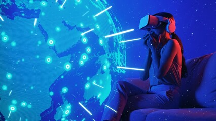 Siting sofa surprised of woman using VR headset against digital signal point station network international world map futuristic technology global connectivity 3D digital graphic visual. Hallucination.