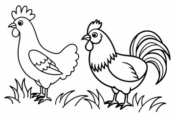  A perfect black and white Rooster and Hen in the field for coloring book, vector illustration