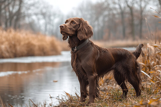 A Boykin Spaniel standing by a riverbank, looking ready to retrieve.