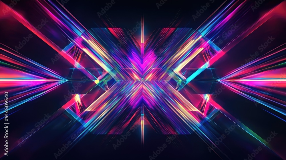 Poster neon lines and geometric shapes create a striking dark abstract background with multi-color rays and