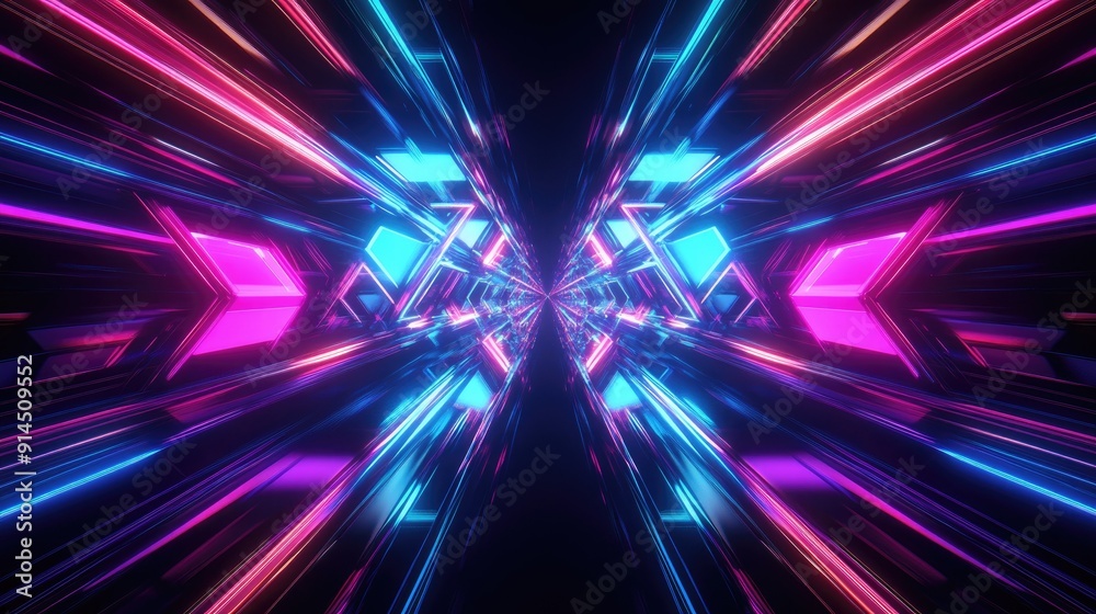 Poster neon lines and geometric shapes create a striking dark abstract background with multi-color rays and