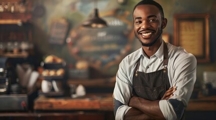 Fototapeta premium ..A portrait of a beaming African American entrepreneur embracing the small business dream