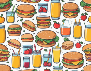 Set of breakfast or lunch meals. Food, drinks for Children school lunch boxes with meal, hamburger, sandwich, juice, snacks, fruit, vegetables.Vector collection
