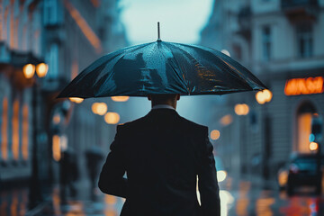 Obraz premium Businessman with black umbrella walking in the rain