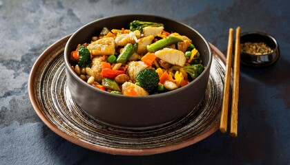 Vibrant Stir-Fry: Golden Chicken Thighs in Spicy Sauce with Fresh Vegetables, Garlic, and Sriracha, Served in a Rustic Bowl with Rice