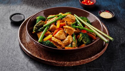 Fototapeta premium Vibrant Stir-Fry: Golden Chicken Thighs in Spicy Sauce with Fresh Vegetables, Garlic, and Sriracha, Served in a Rustic Bowl with Rice