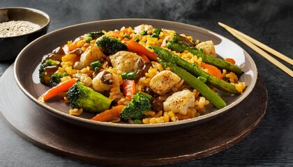 Vibrant Stir-Fry: Golden Chicken Thighs in Spicy Sauce with Fresh Vegetables, Garlic, and Sriracha, Served in a Rustic Bowl with Rice