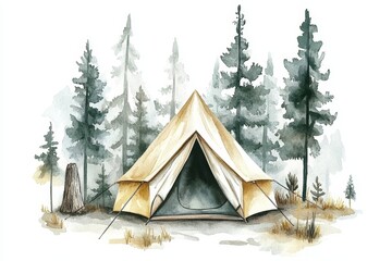 Magical Forest Camper Scene with Tent, Watercolor Illustration Generative AI