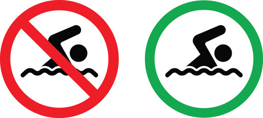 Swimming area and no swimming signs in red and green colors . Swim zone icon and swimming not allowed icon . Vector illustration