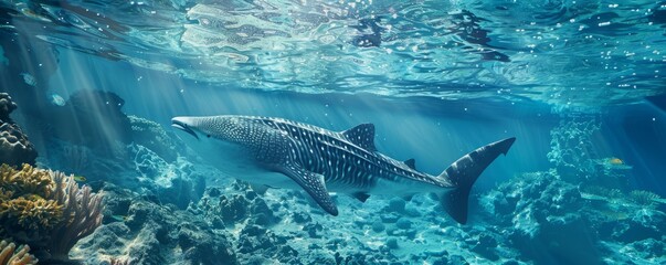 Fototapeta premium Majestic whale shark cruising through crystal-clear waters, 4K hyperrealistic photo