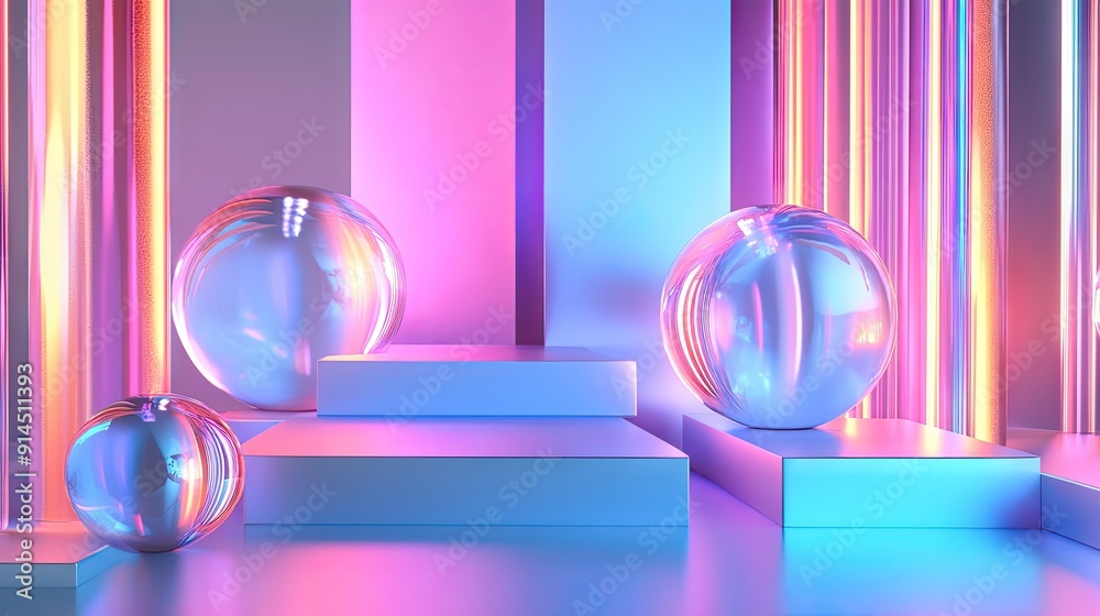 Poster shiny 3d shapes in a luminous arrangement on a neon gradient stage, creating an elegant and futurist