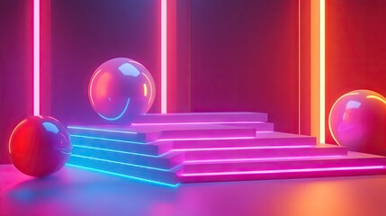 Shiny 3D shapes with luminous elegance on a neon gradient stage, rendered in stunning 3D. Perfect for high-tech and modern design visuals.