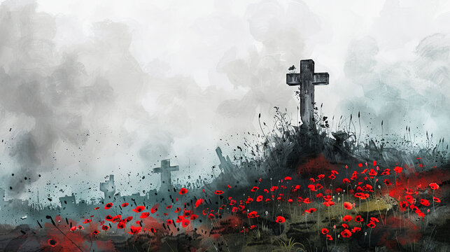 Painting of red poppies in a field with crosses for remembrance day veteran military army soldiers war fallen hero poppy appeal lest we forget