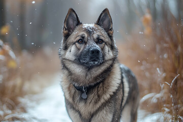 A Norwegian Elkhound standing proudly on a snowy trail.