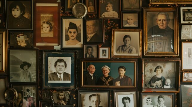 A variety of framed family photos hang in an abstract collage on a wall, portraying shared history and memories