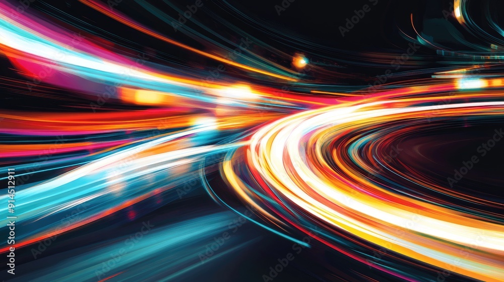Poster vector illustration of colorful light trails with long exposure motion blur, creating a dynamic and 