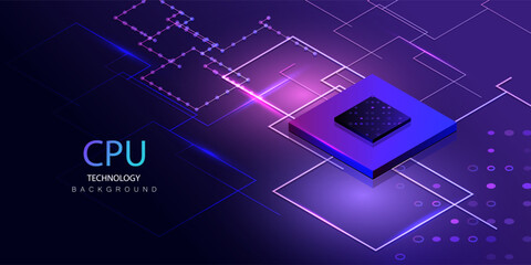 CPU isometric ai banner. Futuristic microchip processor with circuit board background. Quantum computer database concept. Central Computer Processors CPU design. Digital chip vector.