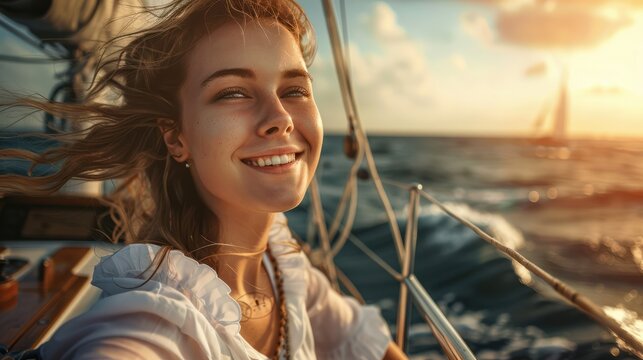 beautiful young cheerful woman on a yacht in the sea, sailing ship control, emotional girl, yachting, smiling lady, summer, travel, ocean, vacation, portrait, hobby, sport