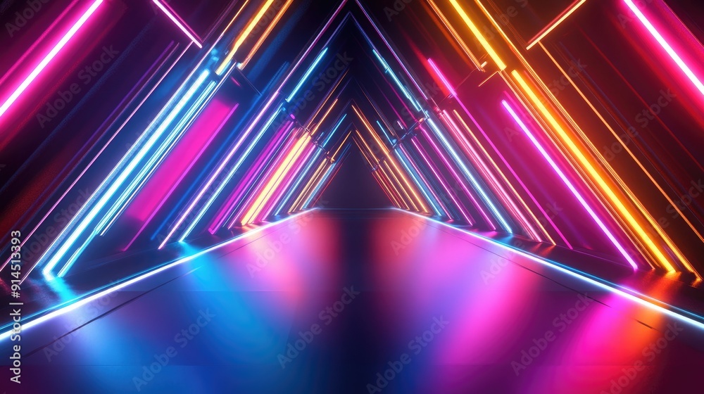 Fototapete Vibrant dark background with neon lines and geometric shapes, capturing the movement of multi-color lights and symmetrical 3D reflections.