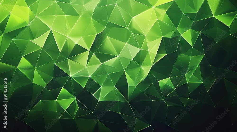 Poster vibrant green abstract background with geometric triangular cells and polygons, creating a striking 