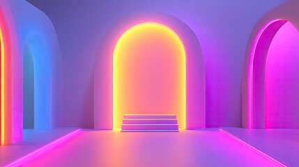 Vibrant neon gradient stage with luminous, shiny 3D shapes, rendered in a modern and elegant 3D design. Ideal for digital art and graphics.