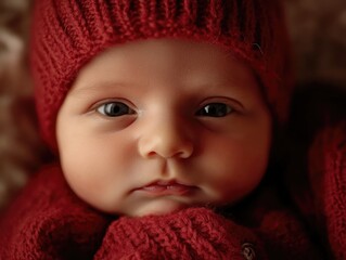 A close-up shot of a baby wearing a bright red hat, looking adorable and innocent