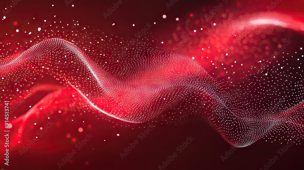 Poster vibrant red waves abstract background with scattered white dots, creating a dynamic and modern desig