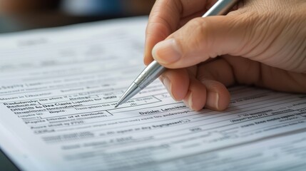 Fototapeta premium Close-up of a person's hand filling out a social security disability claim form, symbolizing the financial support and security provided by the system.