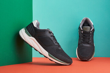 Pair of sport footwear. Casual fashion trendy shoes into balanced composition of two lifestyle...