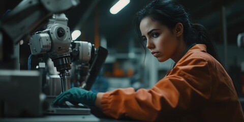 A woman works on a machine in a factory setting