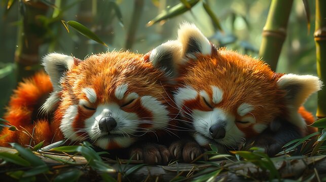 Pair of adorable red panda Ailurus fulgens lounging lazily lush bamboo forest their fluffy tail curled around them they indulge midday nap epitomizing charm tranquility of Himalayan foothill 