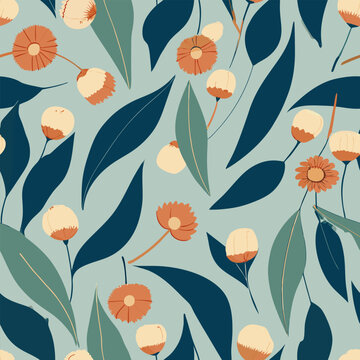 retro australian gum blossom eucalyptus seamless pattern