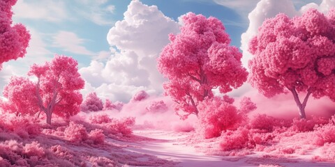 Fototapeta premium A beautiful pink landscape with trees in the foreground