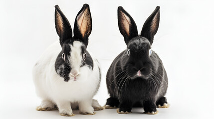 Obraz premium Black rabbit and white rabbit isolated on white background ,Two adorable black and white bunnies or rabbits, sitting together on white background