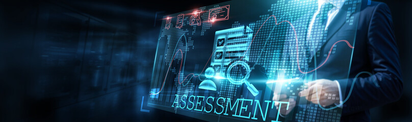 Assessment analyst meticulously analyzes complex datasets, visualizing patterns with intricate graphs and comprehending data volume with exponential growth charts, to measure performance and identify.