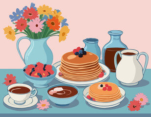 Still life of pancakes, a tray, a bouquet of flowers and a jug, a gravy boat. Proper nutrition, veganism. All items are separate. Isolated vector objects.