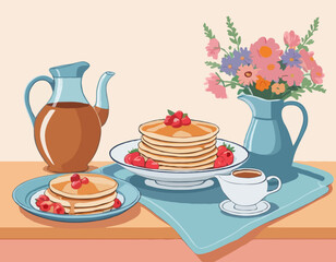 Still life of pancakes, a tray, a bouquet of flowers and a jug, a gravy boat. Proper nutrition, veganism. All items are separate. Isolated vector objects.