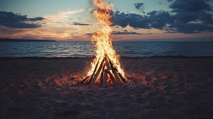 Fototapeta premium Beach Bonfire at Sunset. Serene Evening Gathering by the Ocean