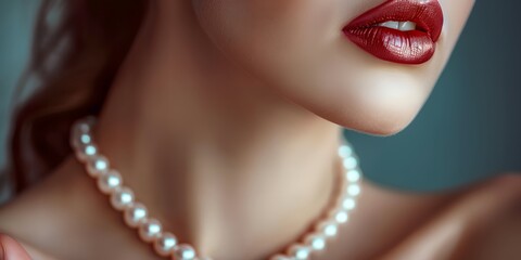 A woman with red lips and a pearl necklace