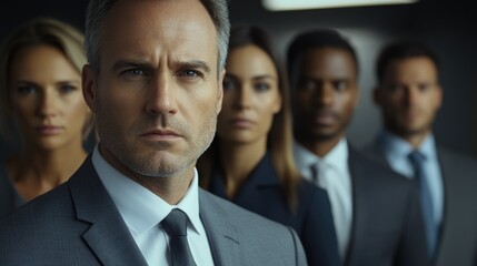 A businessman standing among his colleagues, suitable for corporate or professional settings