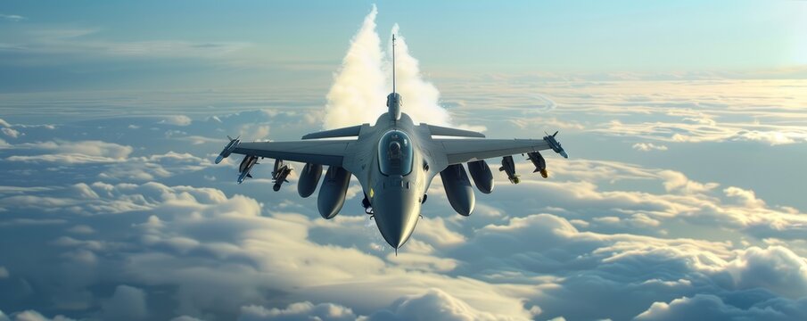 Fighter jet soaring through a cloudless sky, leaving a vapor trail, 4K hyperrealistic photo
