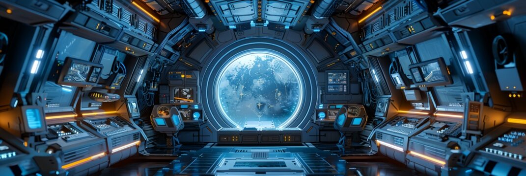 A futuristic space station with a large window that shows the Earth. The room is filled with monitors and buttons, giving the impression of a high-tech environment