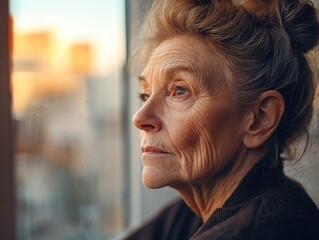 A older woman looks out of a window with concern