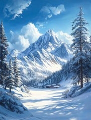 Fototapeta premium Snowy Mountain Landscape with Cabin