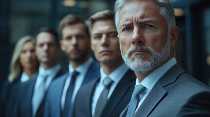 A group of professionals waiting in a line, possibly for an interview or meeting