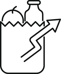 Line icon of a grocery bag with food and drink with an upward trending arrow representing increasing costs