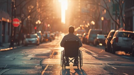Person in a wheelchair on a city street, July, disability pride month