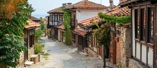 Fototapeta premium Charming cobblestone street with traditional houses in a picturesque village