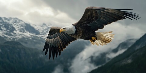 Fototapeta premium A majestic bald eagle soaring through the sky with mountain peaks visible in the background