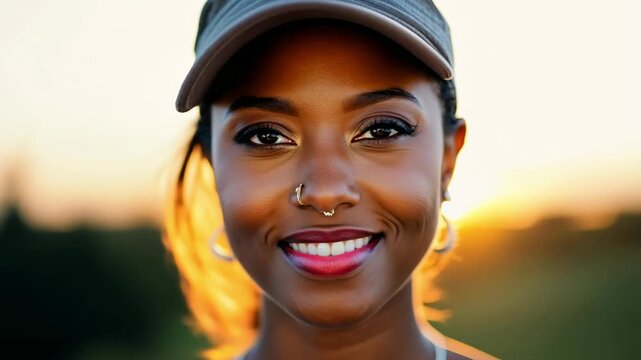 A young woman smiles warmly at the camera as the sun sets behind her, creating a beautiful golden glow. Her confident expression and casual cap complement the serene outdoor atmosphere.